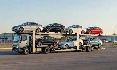 Car transporter loaded with vehicles in Simpsonville, South Carolina, United States
