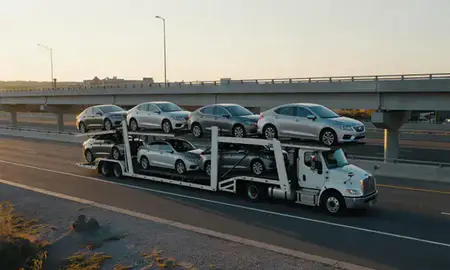 Car transporter with the Simpsonville, South Carolina, United States skyline behind it