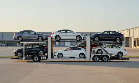 Car transporter parked in an industrial area of Socastee, South Carolina, United States