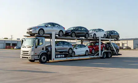 Car transporter loaded with vehicles in Socastee, South Carolina, United States