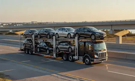 Car transporter with the Socastee, South Carolina, United States skyline behind it