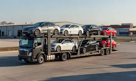Car transporter loaded with vehicles in Spartanburg, South Carolina, United States