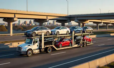 Car transporter with the Spartanburg, South Carolina, United States skyline behind it