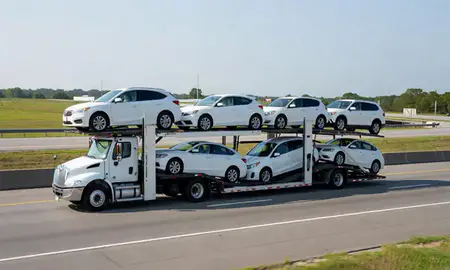 Multi-level car carrier on the highway to St. Andrews, South Carolina, United States