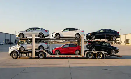 Car transporter parked in an industrial area of St. Andrews, South Carolina, United States