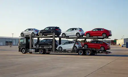 Car transporter loaded with vehicles in St. Andrews, South Carolina, United States