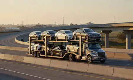 Car transporter with the St. Andrews, South Carolina, United States skyline behind it