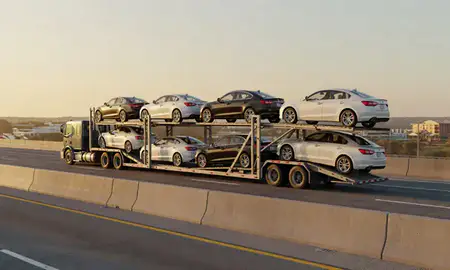 Car transporter with the Summerville, South Carolina, United States skyline behind it