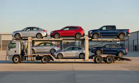 Car transporter parked in an industrial area of Sumter, South Carolina, United States