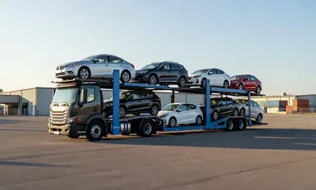 Car transporter loaded with vehicles in Sumter, South Carolina, United States