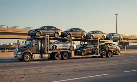 Car transporter with the Sumter, South Carolina, United States skyline behind it