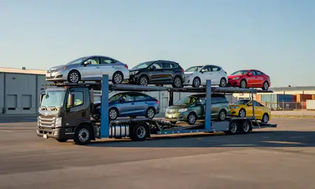 Car transporter loaded with vehicles in Taylors, South Carolina, United States