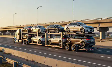 Car transporter with the Taylors, South Carolina, United States skyline behind it