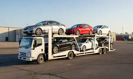 Car transporter loaded with vehicles in Wade Hampton, South Carolina, United States