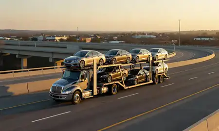Car transporter with the Wade Hampton, South Carolina, United States skyline behind it