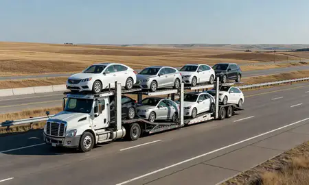 Multi-level car carrier on the highway to South Dakota, United States