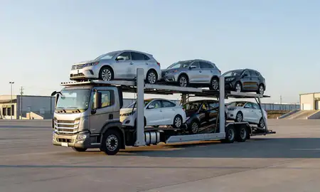 Car transporter loaded with vehicles in South Dakota, United States