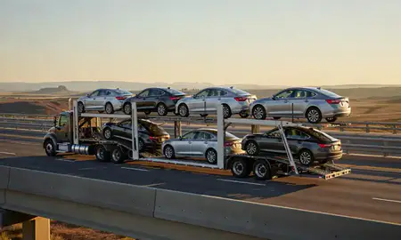 Car transporter with the South Dakota, United States skyline behind it