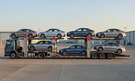 Car transporter parked in an industrial area of Aberdeen, South Dakota, United States