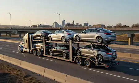 Car transporter with the Aberdeen, South Dakota, United States skyline behind it