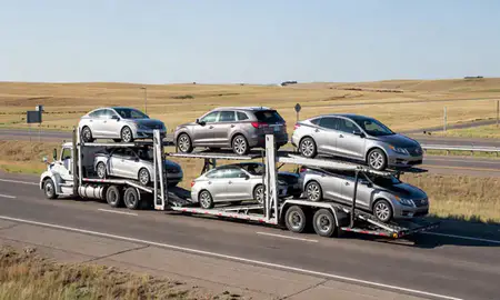 Multi-level car carrier on the highway to Belle Fourche, South Dakota, United States
