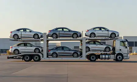 Car transporter parked in an industrial area of Belle Fourche, South Dakota, United States