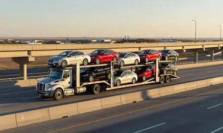 Car transporter with the Belle Fourche, South Dakota, United States skyline behind it