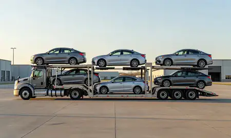 Car transporter parked in an industrial area of Blackhawk, South Dakota, United States