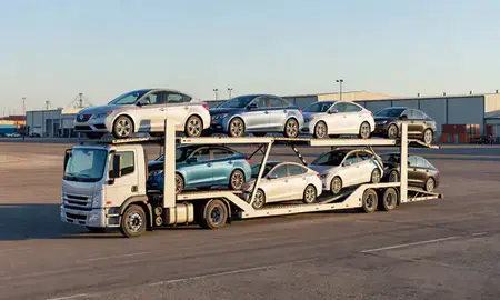 Car transporter loaded with vehicles in Blackhawk, South Dakota, United States