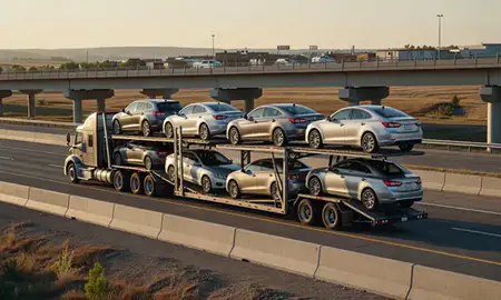 Car transporter with the Blackhawk, South Dakota, United States skyline behind it