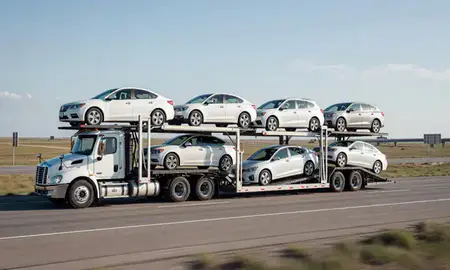 Multi-level car carrier on the highway to Box Elder, South Dakota, United States