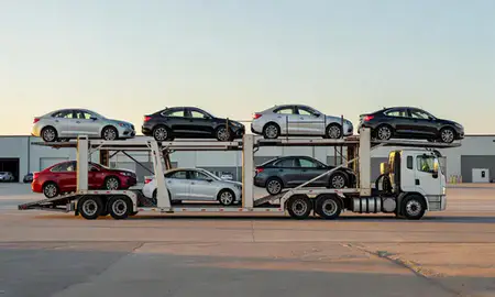 Car transporter parked in an industrial area of Box Elder, South Dakota, United States