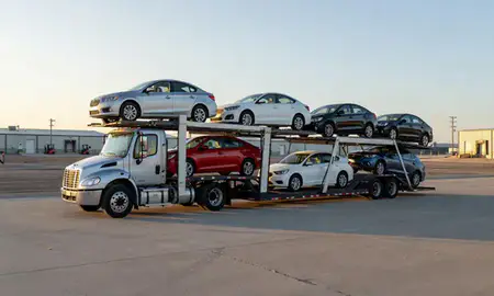 Car transporter loaded with vehicles in Box Elder, South Dakota, United States