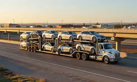 Car transporter with the Box Elder, South Dakota, United States skyline behind it