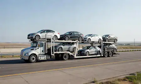 Multi-level car carrier on the highway to Brandon, South Dakota, United States