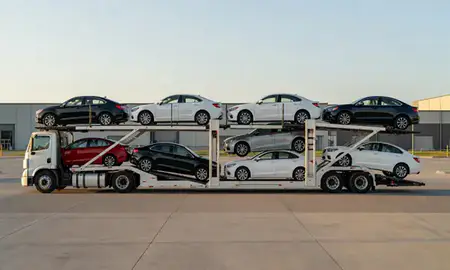 Car transporter parked in an industrial area of Brandon, South Dakota, United States