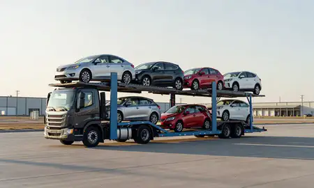 Car transporter loaded with vehicles in Brandon, South Dakota, United States