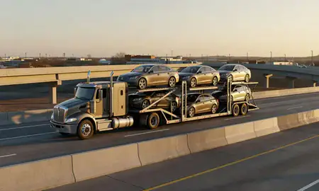 Car transporter with the Brandon, South Dakota, United States skyline behind it