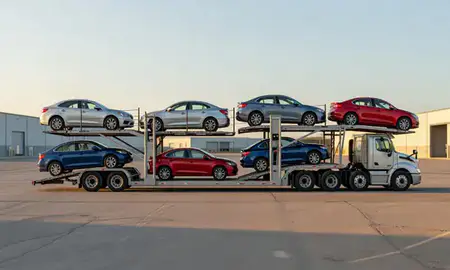 Car transporter parked in an industrial area of Brookings, South Dakota, United States
