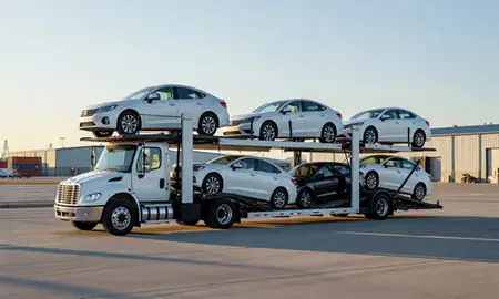 Car transporter loaded with vehicles in Brookings, South Dakota, United States