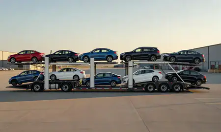 Car transporter parked in an industrial area of Canton, South Dakota, United States