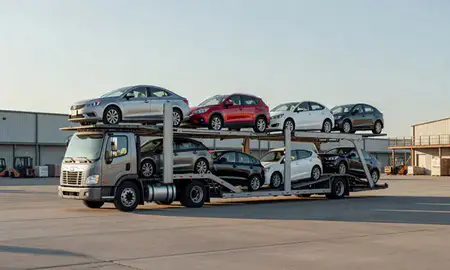 Car transporter loaded with vehicles in Canton, South Dakota, United States