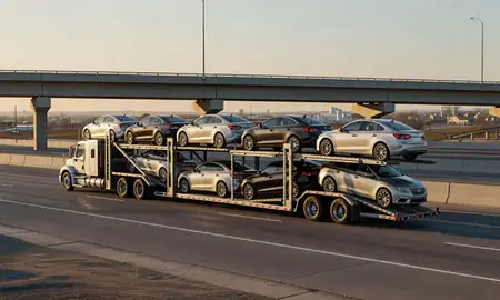 Car transporter with the Canton, South Dakota, United States skyline behind it