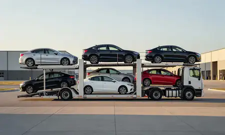 Car transporter parked in an industrial area of Dakota Dunes, South Dakota, United States