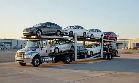 Car transporter loaded with vehicles in Dakota Dunes, South Dakota, United States