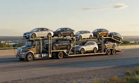 Car transporter with the Dell Rapids, South Dakota, United States skyline behind it