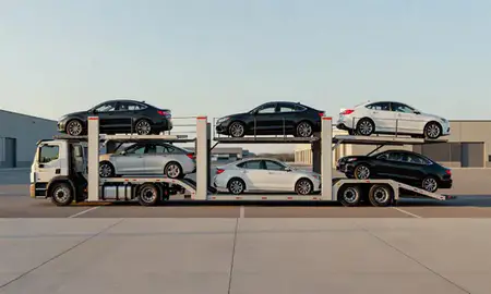 Car transporter parked in an industrial area of Harrisburg, South Dakota, United States
