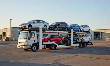 Car transporter loaded with vehicles in Hartford, South Dakota, United States