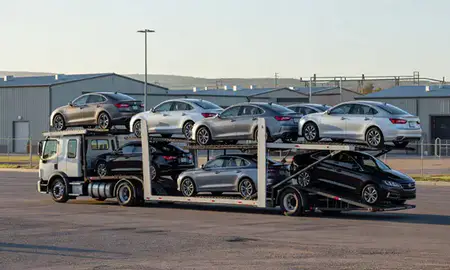 Car transporter loaded with vehicles in Hot Springs, South Dakota, United States
