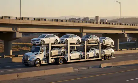 Car transporter with the Hot Springs, South Dakota, United States skyline behind it